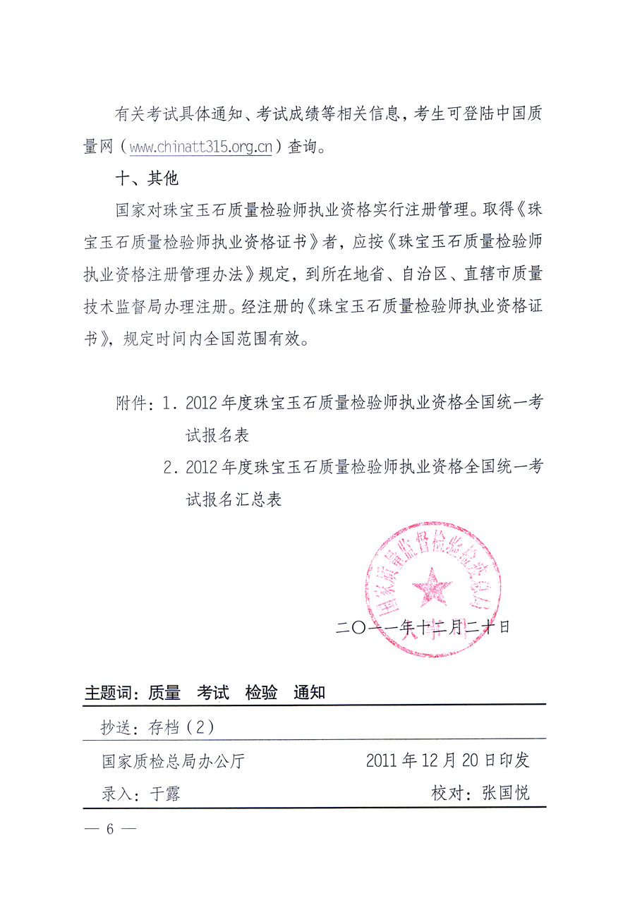 國(guó)家質(zhì)量監(jiān)督檢驗(yàn)檢疫總局人事司《關(guān)于2012年度珠寶玉石質(zhì)量檢驗(yàn)師執(zhí)業(yè)資格全國(guó)統(tǒng)一考試有關(guān)問題的通知》